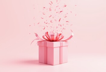 A pink gift box with a ribbon is surrounded by falling petals on a soft pink background, creating a romantic and festive atmosphere. The image symbolizes gift-giving, celebration, and love.