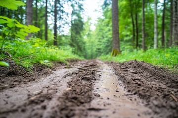 a muddy forest path surrounded by lush green trees and vegetation.