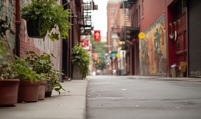 A quiet alleyway with plants and murals, showcasing urban charm.