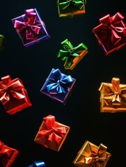 Poster - Brightly colored gift boxes with shiny bows are suspended in the air, adding a joyful touch to festive events and celebrations. Generative AI