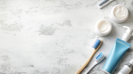 Poster - Top view of dental hygiene kit with toothpaste toothbrush and floss on a clean light background emphasizing cleanliness and oral health in a simple yet effective layout