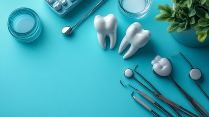 Poster - Top view of dental model paired with modern dental tools neatly arranged on a blue background with clean design leaving space for educational or promotional text about dental care