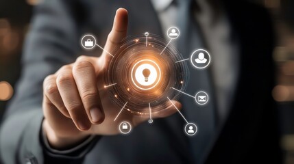 Fototapete - A businessman's finger touches a glowing light bulb icon surrounded by various network icons.