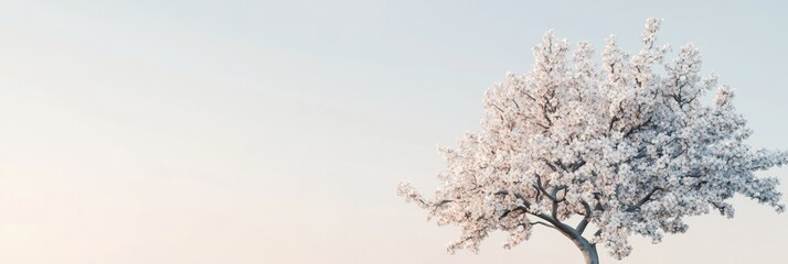 Wall Mural - A solitary blooming tree stands against a soft pastel sky. The delicate flowers evoke serenity and beauty. This image captures tranquil nature and seasonal change. AI