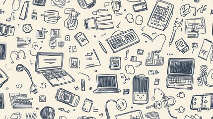 Poster - This collection features playful, hand-drawn doodles of various technology items, including laptops, smartphones, and coding symbols. Generative AI