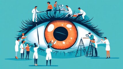 Poster - Vector design of tiny doctors treating examining a large eye using medical tools for lens examination and retina correction symbolizing vision checkups and ophthalmology care for Health Day