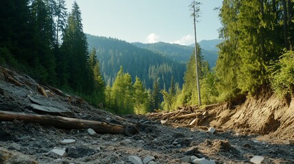 A serene forest landscape with a visible clearing and distant mountains.