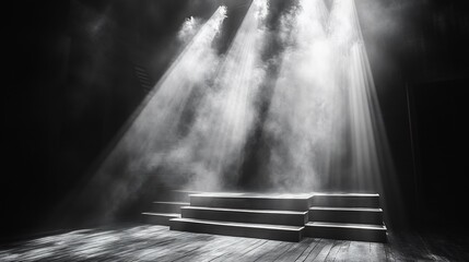 Poster - White beams of light cut sharply through fog casting crisp highlights and deep shadows on a dark stage enhancing the minimalist elegance of the setting