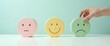 © natakot - A hand places a happy face icon next to a sad face icon on a table, symbolizing emotions, mood, and feelings. The image emphasizes emotional balance and choice.