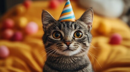 Fototapete - Cute cat on orange background birthday card Copy space for text