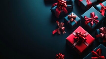 Wall Mural - Saturated gift boxes wrapped in vibrant colors and adorned with elaborate bows sit on a dark surface, enhancing the festive mood. Generative AI