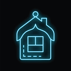 Poster - Blue neon icon of a house with chimney glowing on black background