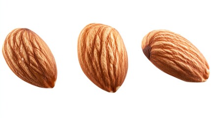 Three whole almonds displayed on a white isolated background, showcasing their unique textures and colors.