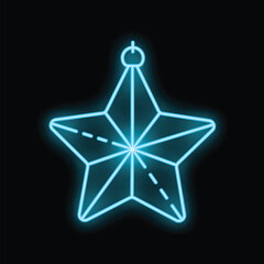 Poster - Neon blue christmas star hanging decoration glowing on black background