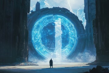 Futuristic sci-fi portal with silhouetted figure