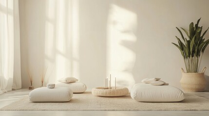 Aufkleber - A serene home meditation room with cushions and incense, Meditation cushions, candles
