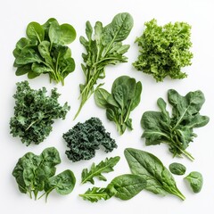 Sticker - Fresh green leafy vegetables arranged artistically. This image showcases various types of kale, spinach, and lettuce. Perfect for healthy eating themes. AI