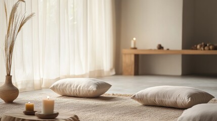 Aufkleber - A serene home meditation room with cushions and incense, Meditation cushions, candles