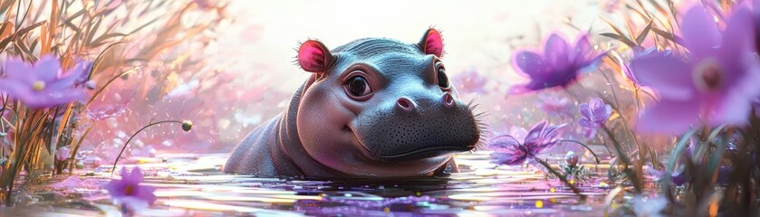 a charming baby pygmy hippo with wet skin immersed in an ai-driven virtual reality game, standing in