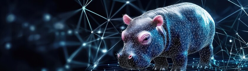 Wall Mural - adorable wet-skinned baby pygmy hippo pink blushes standing near iot sensors powered by cloud ai, re