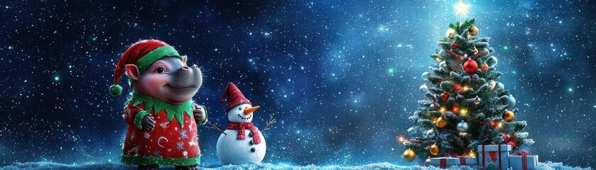 Wall Mural - a festive baby pygmy hippo with wet skin dressed in a cheerful elf outfit, standing beside a snowman