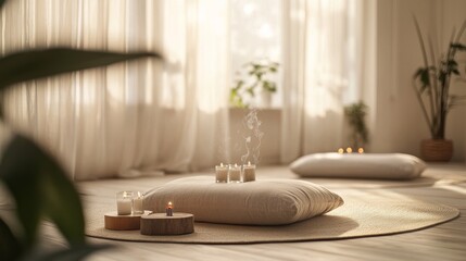 Aufkleber - A serene home meditation space with cushions and incense, Meditation cushions, candles