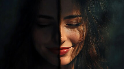 Poster - Exploring the intricacies of emotion through the halfsmiling expression of a woman captured in soft light and shadows