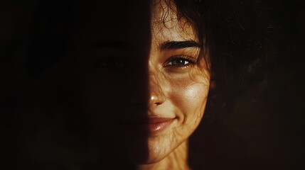 Poster - Captivating portrait of a smiling woman with half her face in shadow evoking a sense of intrigue and emotion