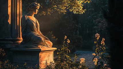 Poster - A serene statue in a lush garden embracing nature’s beauty through soft light and tranquility