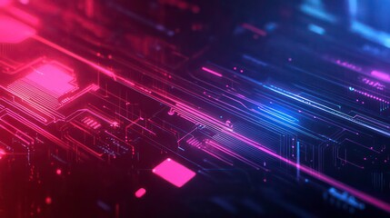 Aufkleber - Abstract digital circuit board with glowing lines and pink and blue highlights.