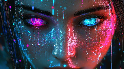 Leinwandbilder - Vibrant portrait of a woman enhanced by colorful light effects creating a stunning visual experience