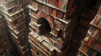 Poster - A majestic library tower constructed from books as bricks showcasing the spines that create a unique architectural wonder filled with knowledge