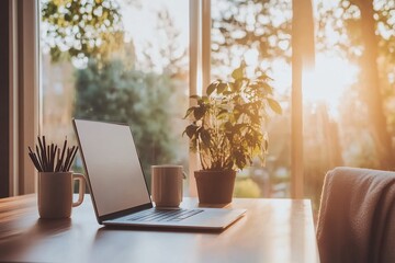 A minimalist home office setup with an open laptop on the table
