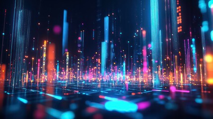 Poster - Abstract colorful glowing lines and particles in a dark background resembling a futuristic city.