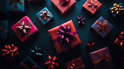 Poster - Brightly colored gift boxes adorned with shiny bows create a festive atmosphere perfect for celebrations and special occasions. Generative AI