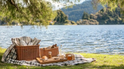 Poster - A serene lakeside picnic spot with picnic baskets and tranquil waters, Picnic essentials and scenic views set up for outdoor dining, Natural photo of