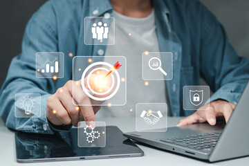 target icon, and focus goal strategy. digital business growth concept. manager vision of performance business plan, objective to success and invest. corporate to achieve the purpose, grow of company