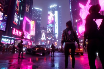 A vibrant, futuristic cityscape with neon lights and pedestrians.