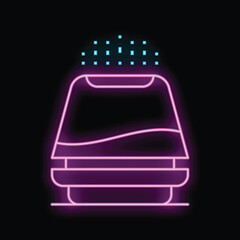 Poster - Bright purple neon sign showing a modern high speed train with glowing particles above on black background