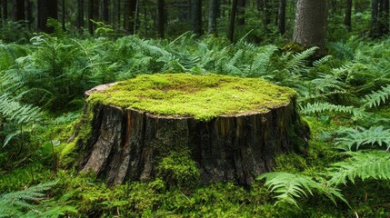 A freshly cut stump in the forest, detailed with moss growth and surrounding ferns, representing natural woodland beauty.