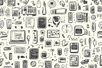 Poster - A collection of hand-drawn doodles illustrating technology items like computers, smartphones, and coding symbols in an artistic arrangement. Generative AI