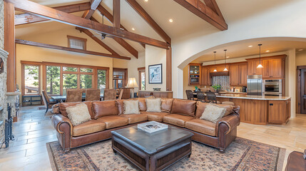 Rustic Craftsman living room featuring exposed beams, large leather sectional sofa, and cozy atmosphere. open layout connects to modern kitchen, creating warm and inviting space