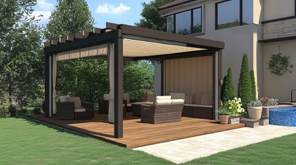 Poster - 3D render of a retractable aluminum pergola