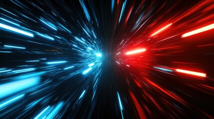 Poster - Abstract futuristic scene with red and blue rays of light, evoking speed and motion in a high-tech, energetic atmosphere.