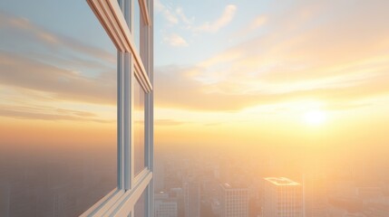 A city skyline with a large window overlooking the city