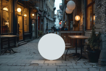 A blank round white sign on the sidewalk in front of an urban restaurant, as a mockup template for design presentation.