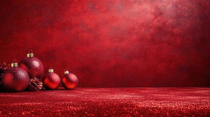 A festive minimalist Christmas banner with red Christmas balls on a red textured background, copy space.