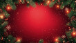 © Katerina Bond - A festive Christmas background, frame with fir branches, pine cones, snowflakes, and twinkling lights on a red background, flat lay, copy space.