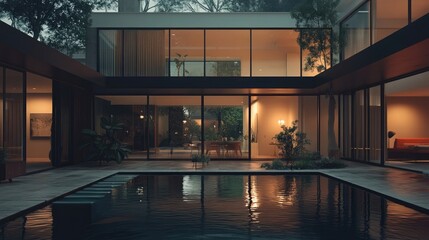 Contemporary house with open courtyard and glass partitions, 8k, realistic, full ultra HD, high resolution, cinematic photography