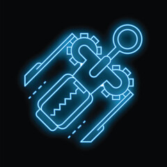 Poster - Neon blue icon of a wind up toy moving forward on a black background, representing childhood memories and nostalgia